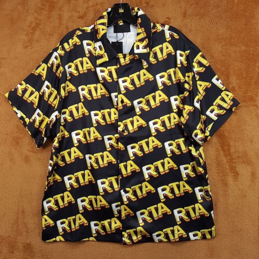 RTA Button Shirt Mens Small Black Gold Short Sleeve Logo NATHAN $160 - Picture 2 of 9
